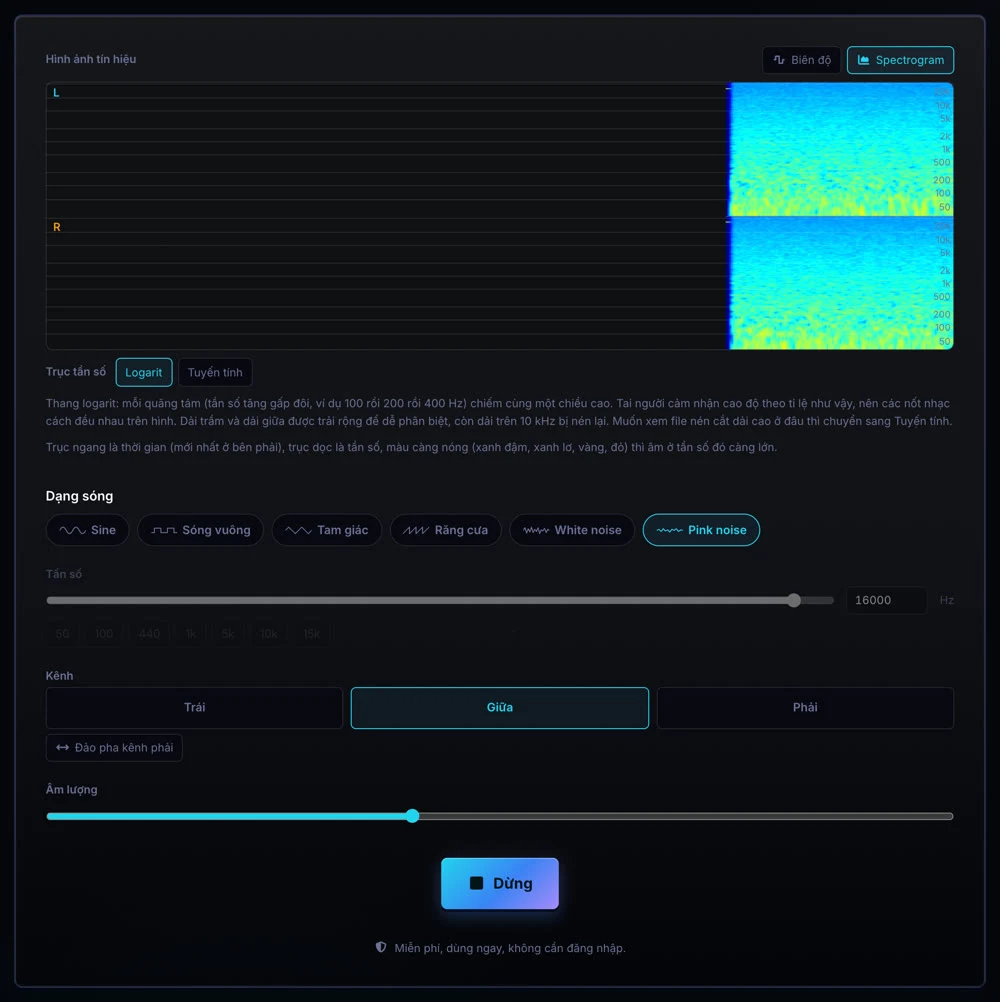 Phổ hai kênh L và R của công cụ Test loa, tai nghe khi phát pink noise